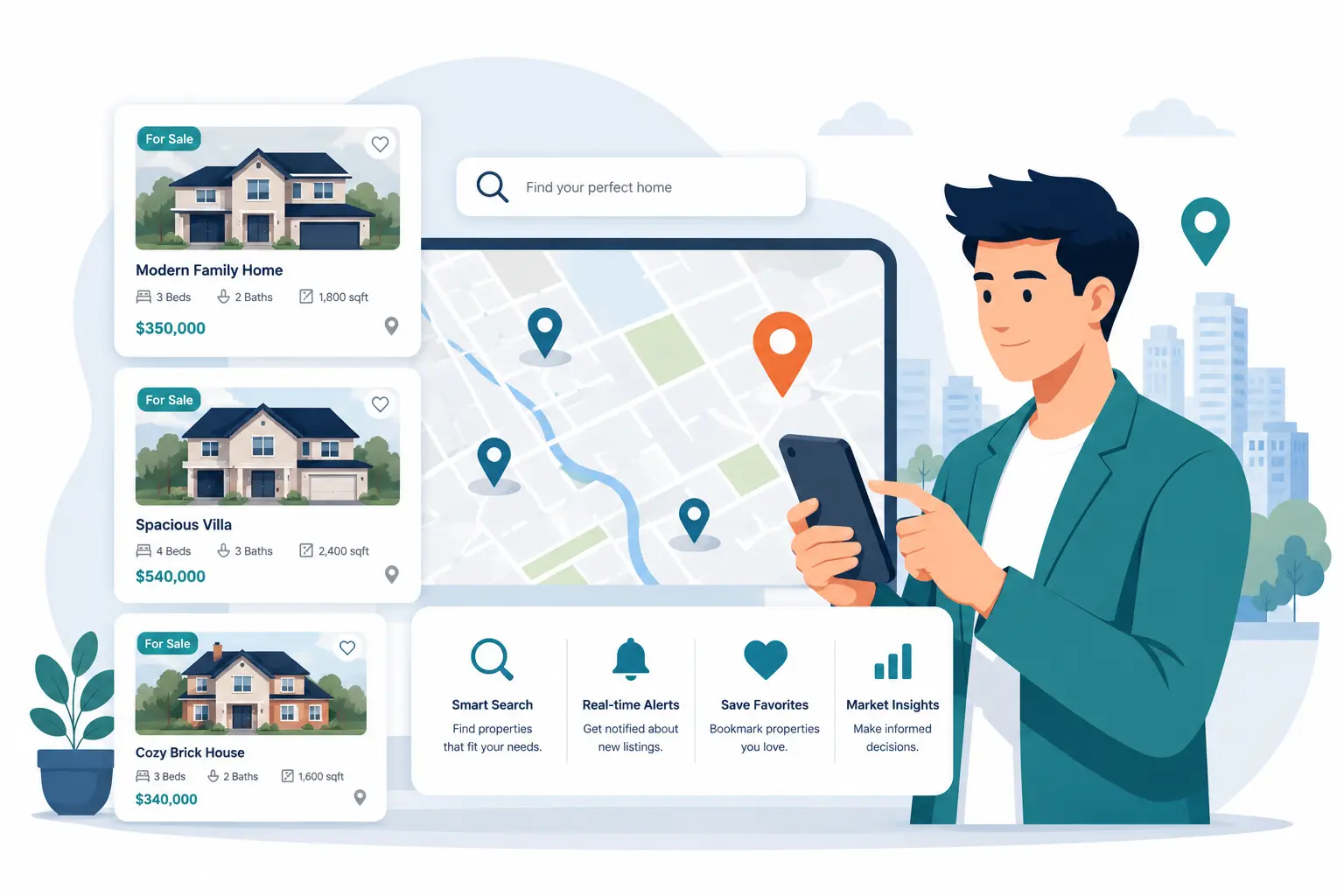 Modern illustration of a real estate app with interactive property search, map based listings, and mobile home discovery features.