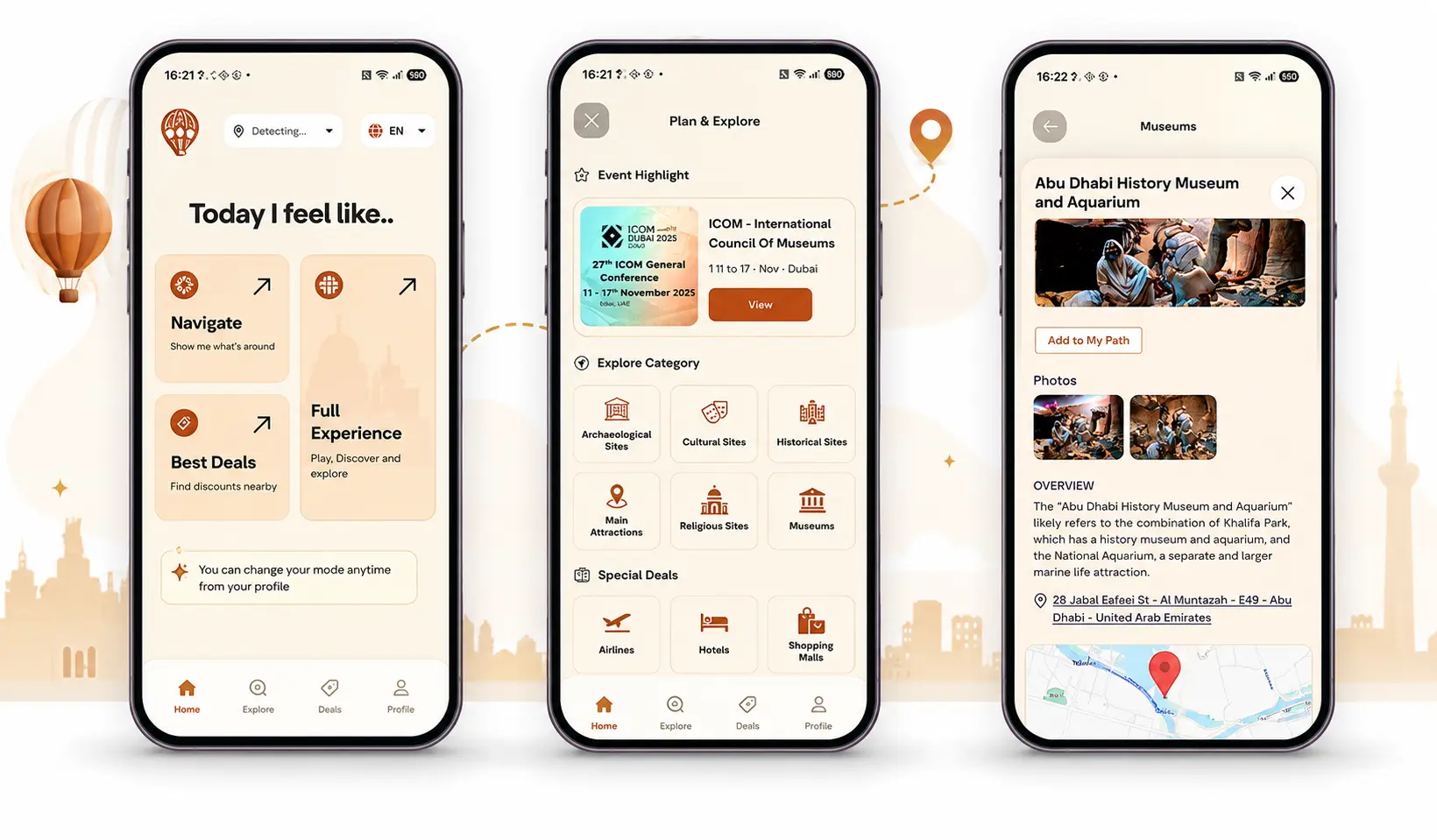 Showcase of a cultural heritage mobile app with navigation, trip planning, and museum exploration screens.