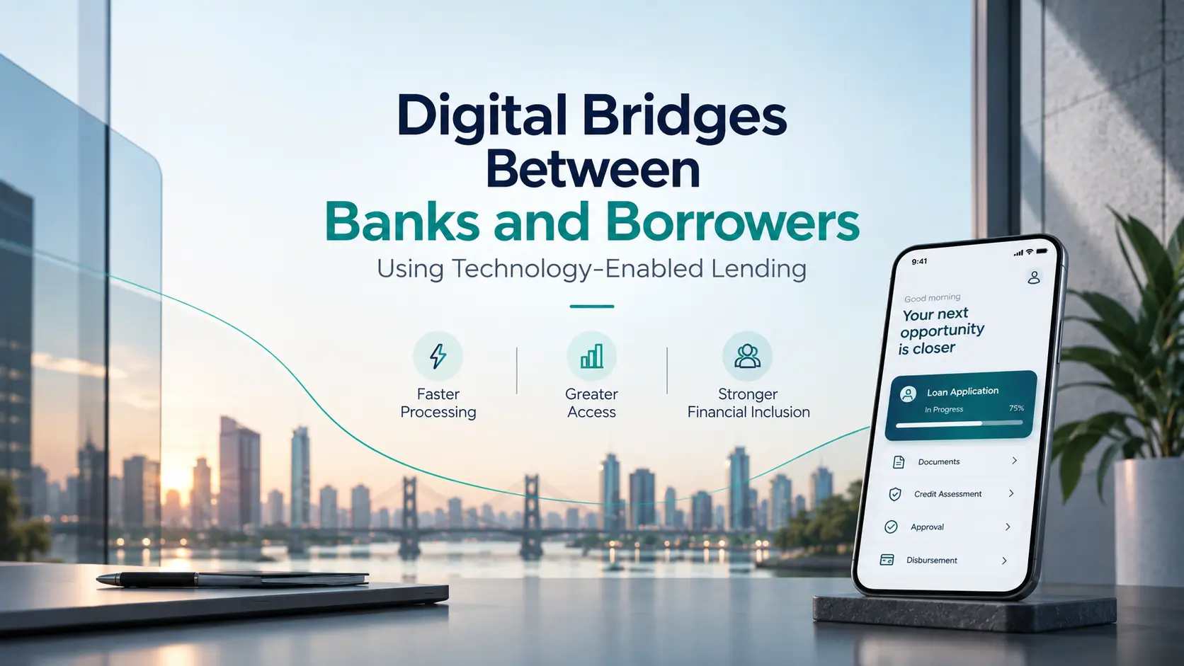 A modern fintech inspired banner featuring a centered headline about digital lending above a sleek smartphone displaying a loan application interface. A blurred city skyline with a bridge creates depth in the background, while subtle curved connection lines reinforce the idea of financial connectivity. The clean composition uses white, navy, and teal tones with minimal text to highlight faster loan processing, improved access, and stronger financial inclusion through technology enabled lending.