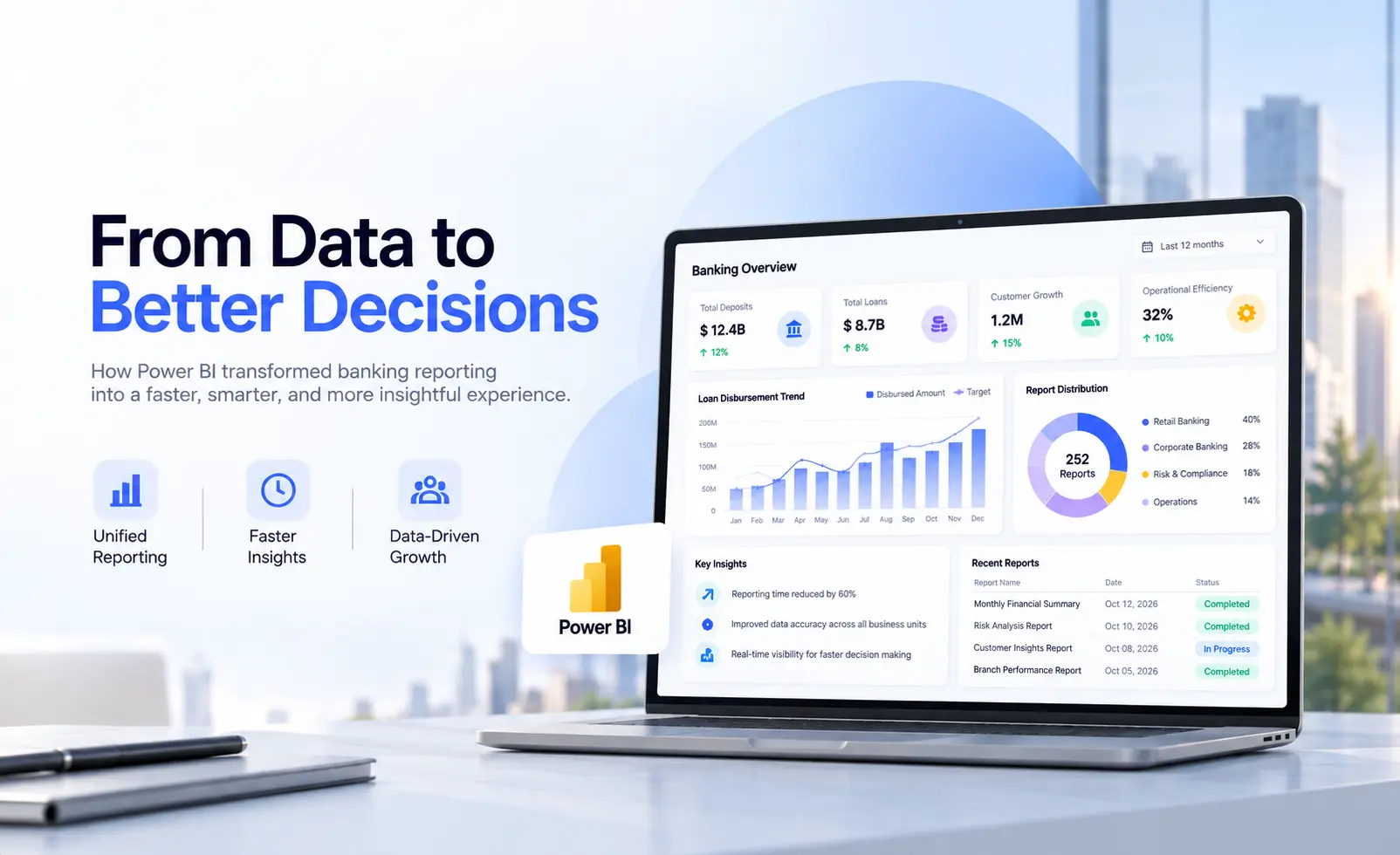 Modern banking analytics dashboard displayed on a sleek laptop in a bright, minimalist workspace, illustrating how Power BI transforms financial reporting through interactive charts, KPI cards, business insights, and performance metrics. A clean blue and white design with subtle city skyline elements conveys faster reporting, data driven decision making, and digital banking innovation.