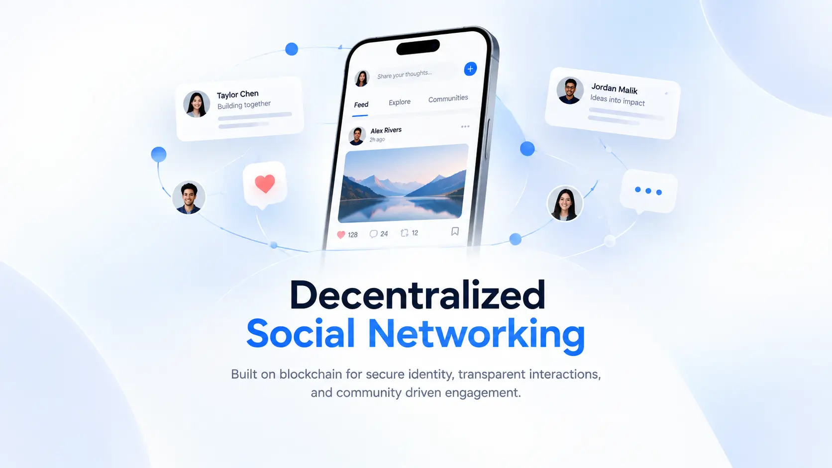 Modern decentralized social networking platform displayed on a smartphone with connected user profiles, interaction nodes, and blockchain inspired network visualization on a clean blue and white technology background