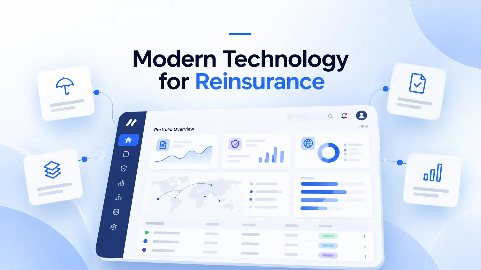 Minimalist conceptual reinsurance analytics dashboard with abstract charts, modular architecture icons, and microservices workflow on a clean blue and white technology background, representing modern JavaScript based reinsurance solutions.