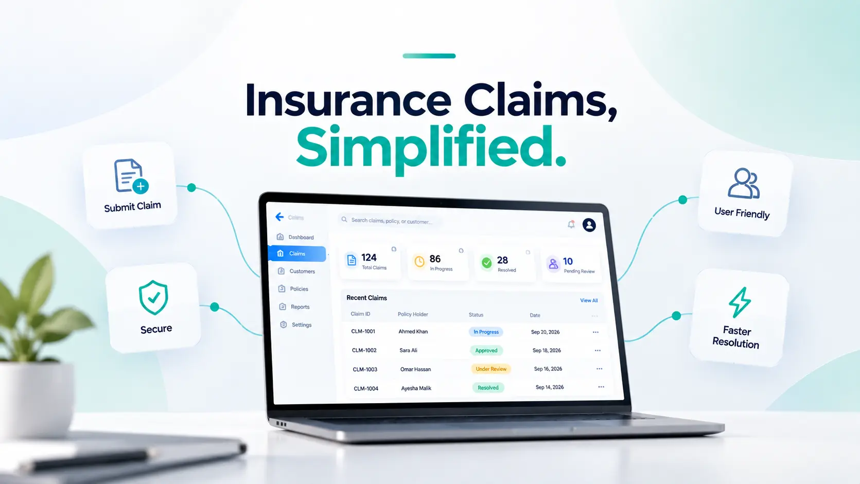 Modern insurance claims management dashboard displayed on a laptop with secure claim tracking, status monitoring, and user friendly workflow cards on a clean blue and white technology inspired background.