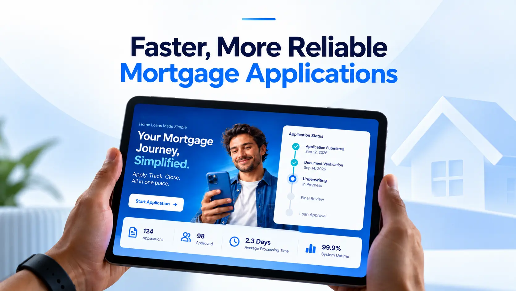 Modern mortgage application dashboard displayed on a tablet with loan progress tracking, application status, approval workflow, and performance metrics on a clean blue and white fintech background.