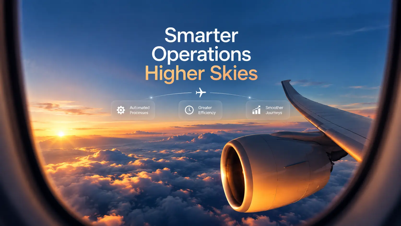 Airplane wing viewed through a passenger window at sunrise with a modern aviation themed interface, symbolizing airline business process automation, operational efficiency, workflow optimization, and smarter airline operations. Clean centered typography and subtle technology inspired UI elements create a premium, modern aviation experience.