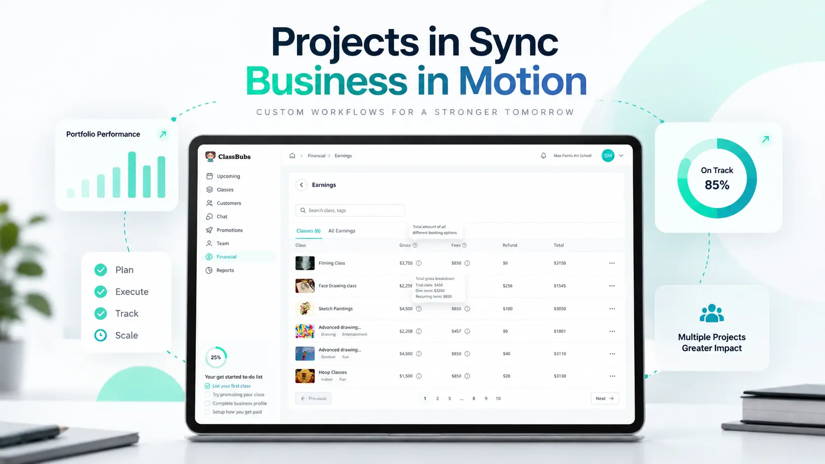 Modern project portfolio management dashboard displayed on a sleek laptop in a bright, minimalist workspace, surrounded by clean workflow cards and portfolio analytics. The design highlights custom workflows, project planning, execution tracking, portfolio growth, and business efficiency through a polished blue and teal interface with a premium SaaS aesthetic.