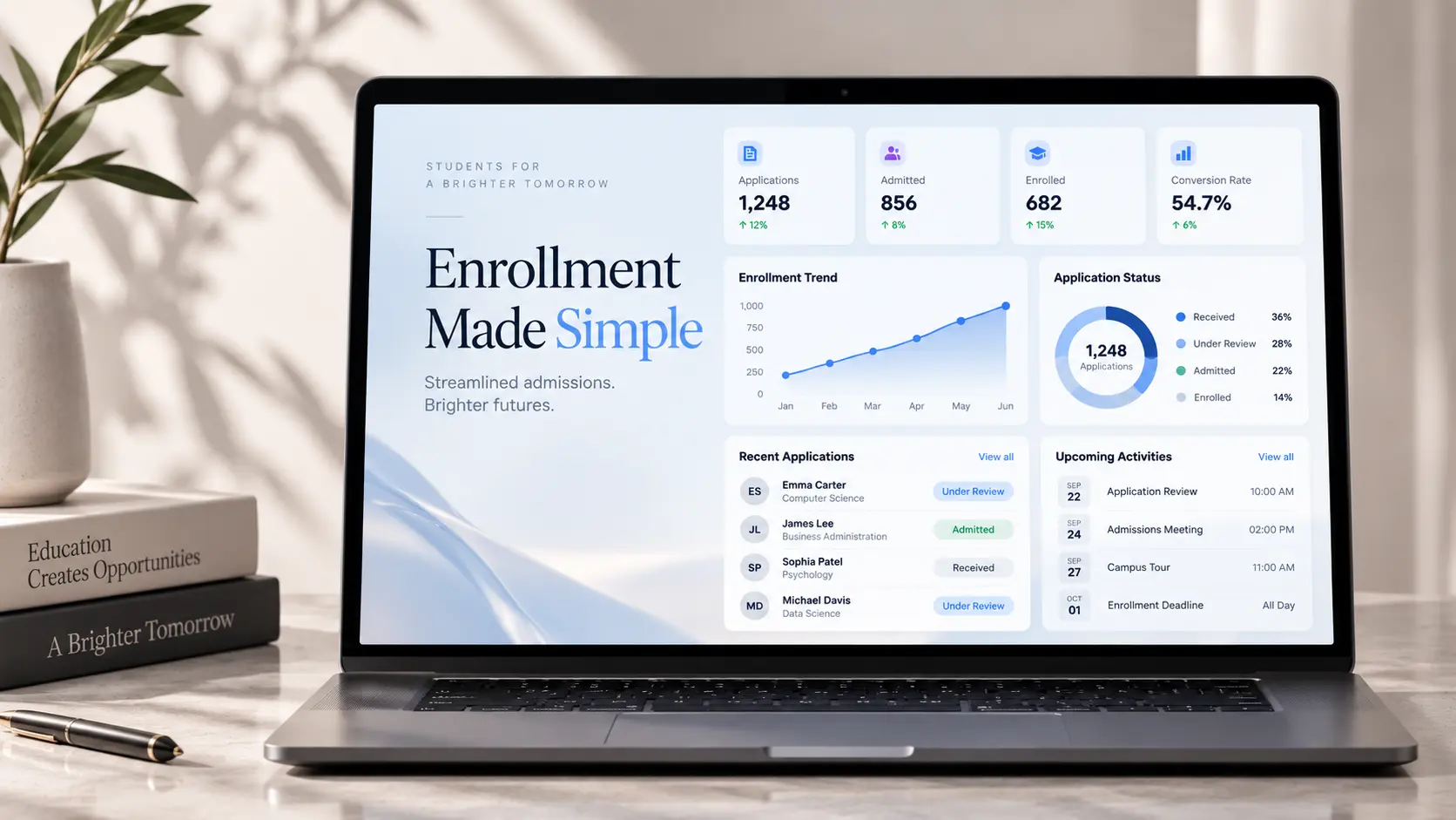 Laptop displaying a university enrollment management dashboard with application tracking, admissions analytics, enrollment trends, student records, and upcoming academic activities in a modern higher education workspace.