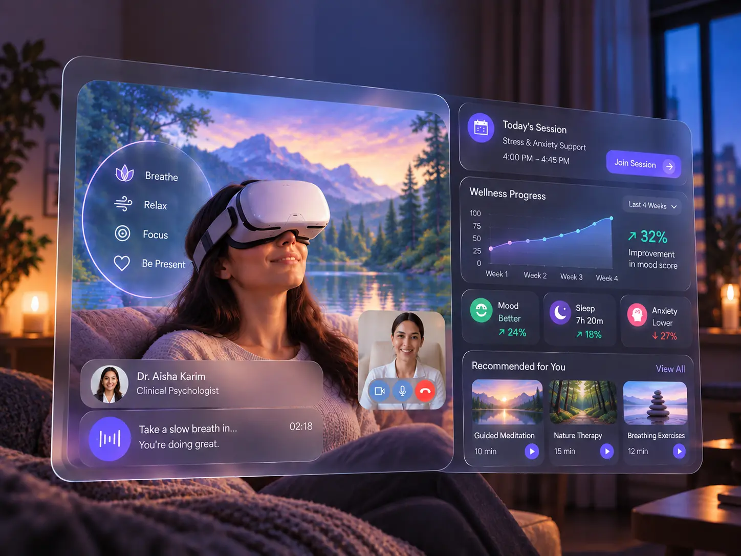 Modern virtual mental wellness dashboard with immersive VR therapy, therapist video consultation, guided breathing exercises, wellness progress analytics, mood tracking, and mindfulness sessions displayed in a glassmorphism interface with dummy data