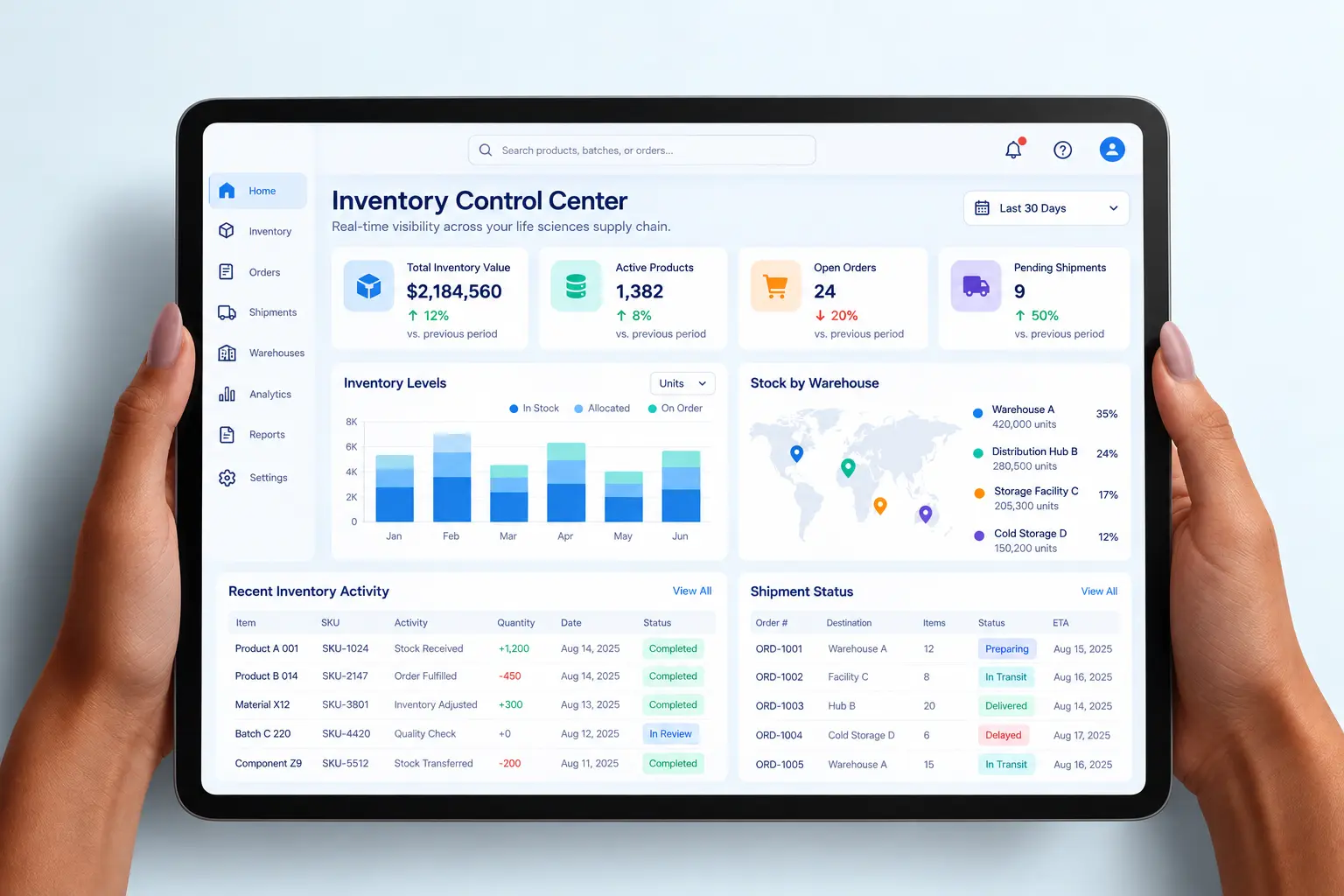 Modern life sciences inventory management dashboard displayed on a tablet, featuring dummy inventory metrics, warehouse distribution, stock levels, shipment tracking, and supply chain analytics in a clean enterprise interface