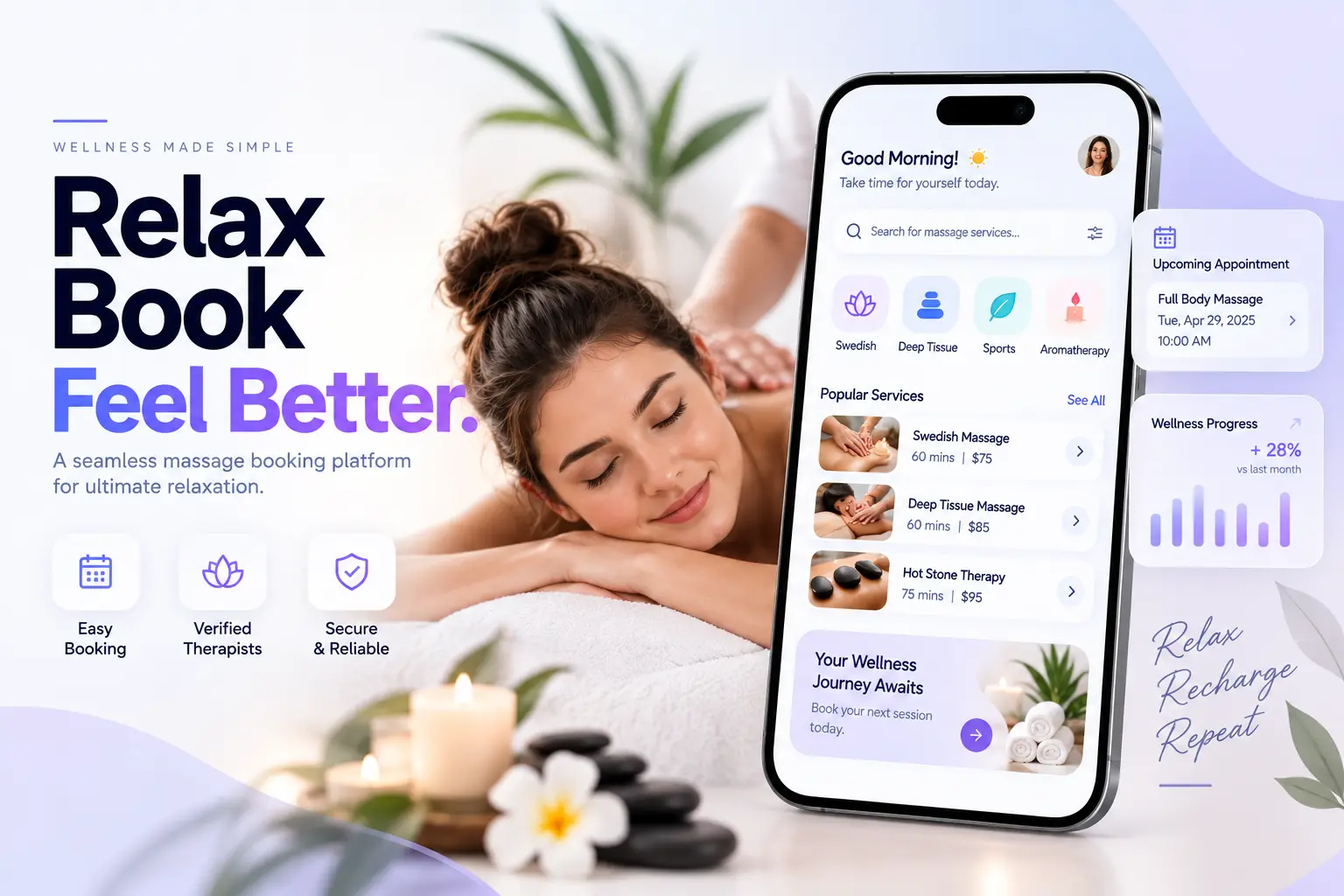 Massage booking platform interface featuring a relaxing spa scene, smartphone app with dummy appointment scheduling, massage service selection, therapist booking, wellness progress tracking, and secure booking features in a clean lavender and white design.