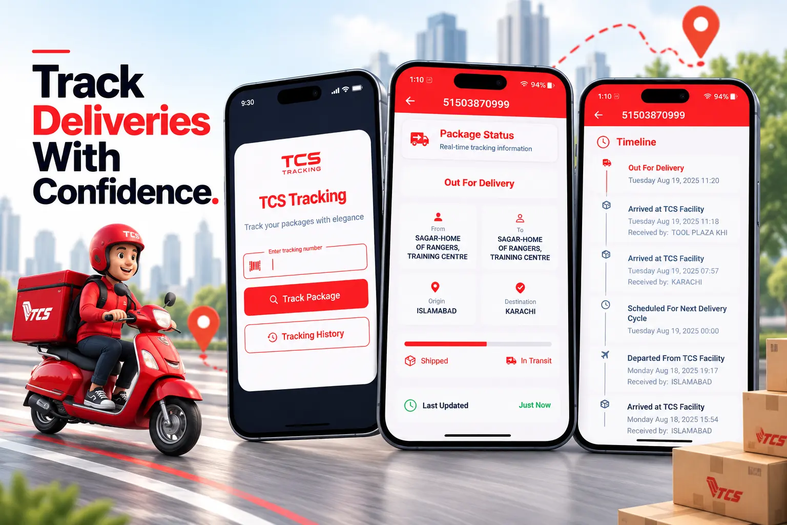 Parcel tracking application interface featuring three smartphone screens with package search, delivery status, and shipment timeline, alongside a courier on a scooter, route tracking graphics, and delivery boxes in a clean red, white, and gray design.