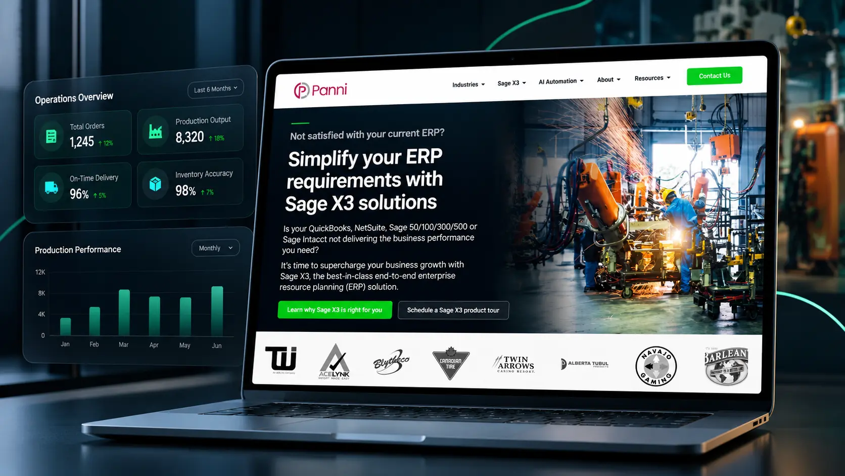 Enterprise resource planning (ERP) website displayed on a laptop in an industrial setting, featuring manufacturing focused content, operations analytics, production performance metrics, inventory insights, and workflow dashboards with dummy data.