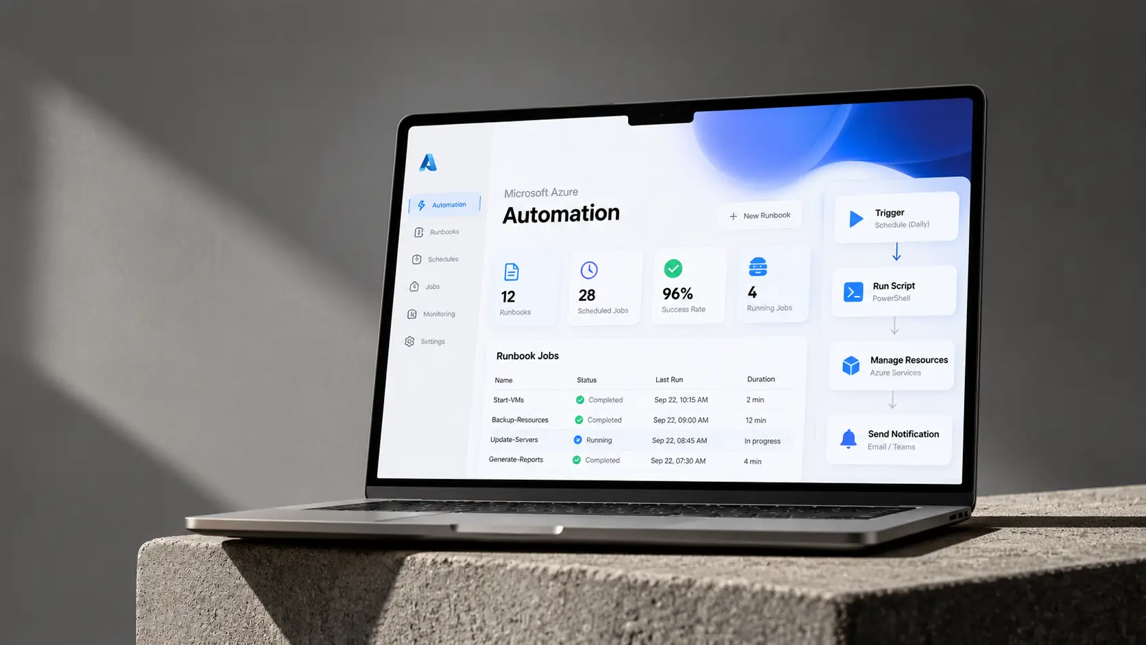 Microsoft Azure automation dashboard displayed on a laptop, featuring Azure Runbooks, workflow automation, scheduled jobs, PowerShell execution, resource management, notification workflows, and operational metrics with dummy data in a clean minimalist workspace.