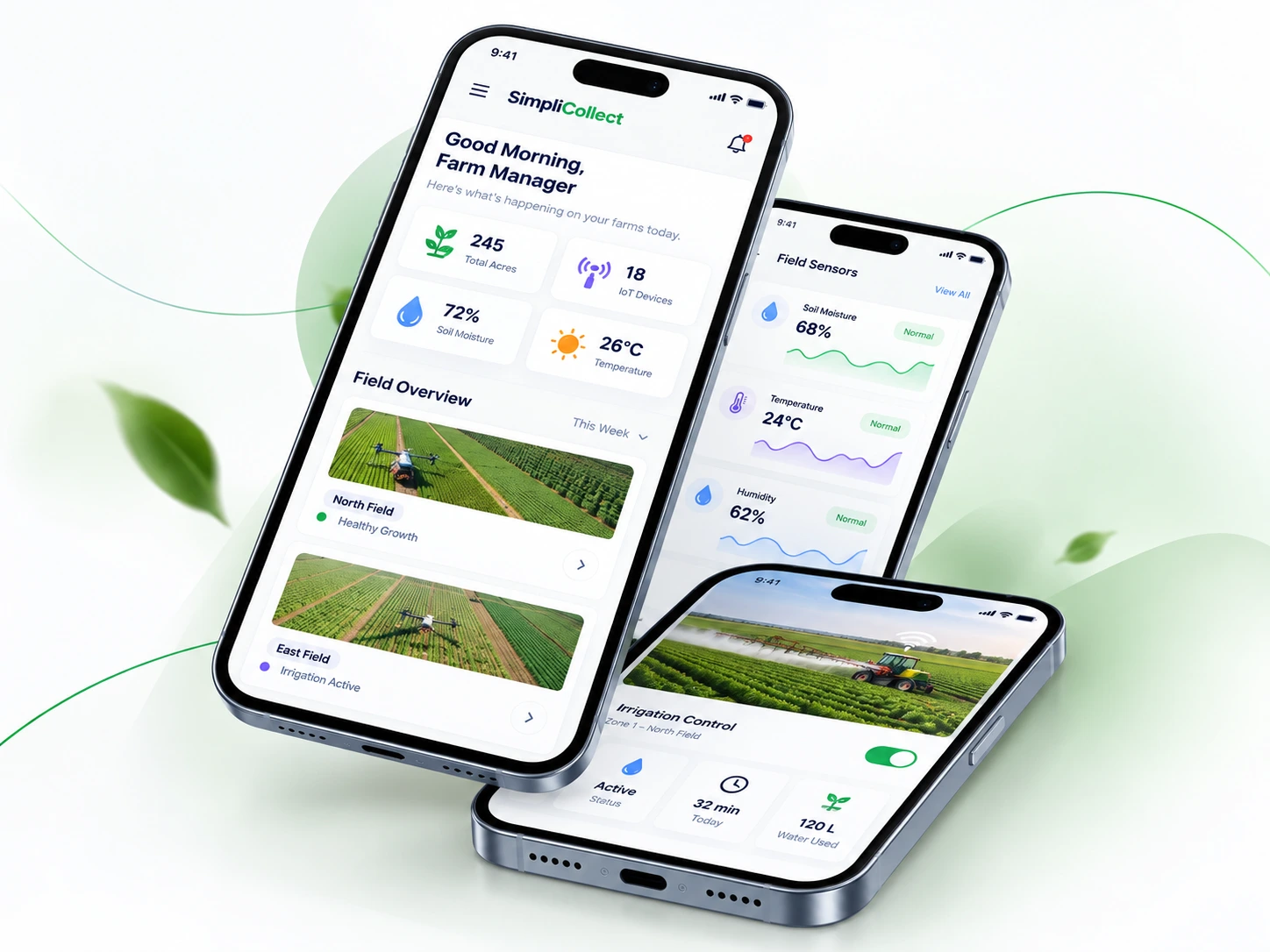 Mobile application interface for SimpliCollect displaying IoT powered farm management with field monitoring, soil moisture, temperature, irrigation control, sensor status, and crop health insights using dummy data in a clean modern smartphone mockup.