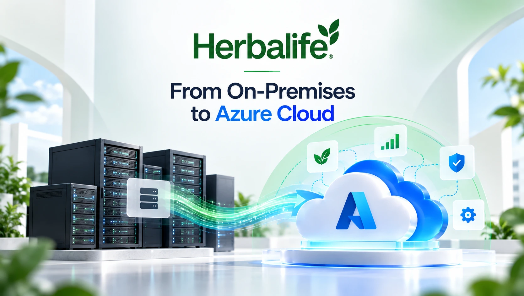 Cloud migration illustration for Herbalife showing on premises server infrastructure connected to Microsoft Azure through secure data streams, highlighting the transition to cloud services with security, analytics, automation, and scalable infrastructure in a clean modern enterprise design
