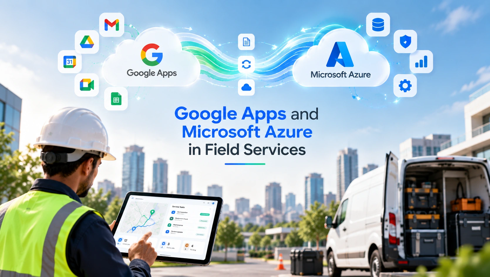 Field service management illustration showing Google Apps integrated with Microsoft Azure, featuring a technician using a tablet beside a service van, cloud connected workflows, work order management, scheduling, maps, collaboration tools, and secure data synchronization in a clean modern enterprise design.